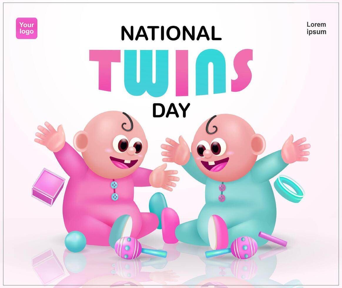 National Twin Day, Twin babies playing. 3d vector suitable for events