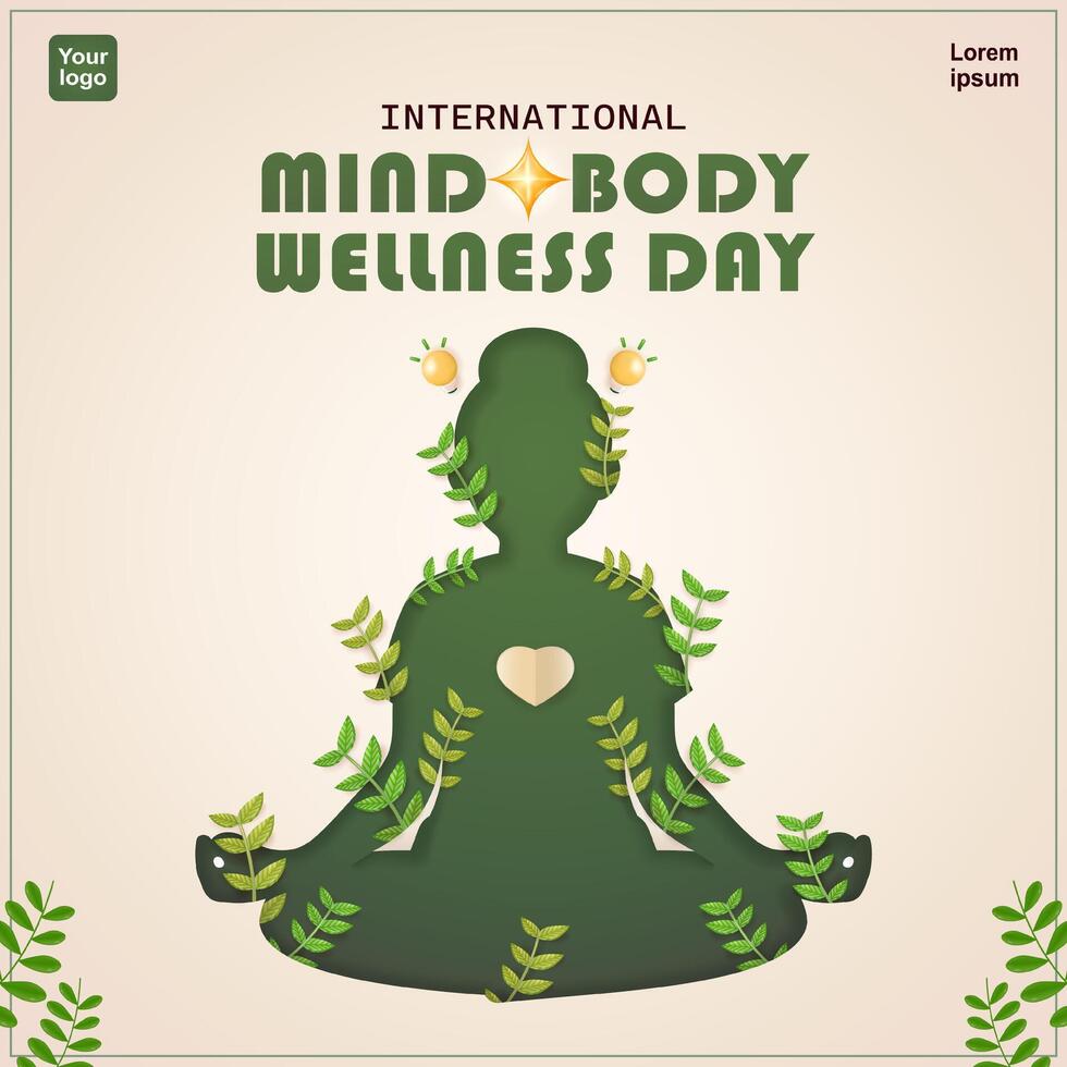 internacional mente cuerpo bienestar día. corte de papel silueta de mujer en yoga meditación práctica, con planta elementos, 3d vector, adecuado para salud y eventos vector