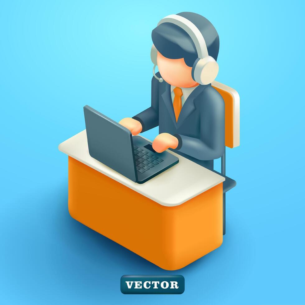 oficina hombre trabajando en frente de computadora portátil, 3d vector. adecuado para cliente servicio, trabajo y negocio vector