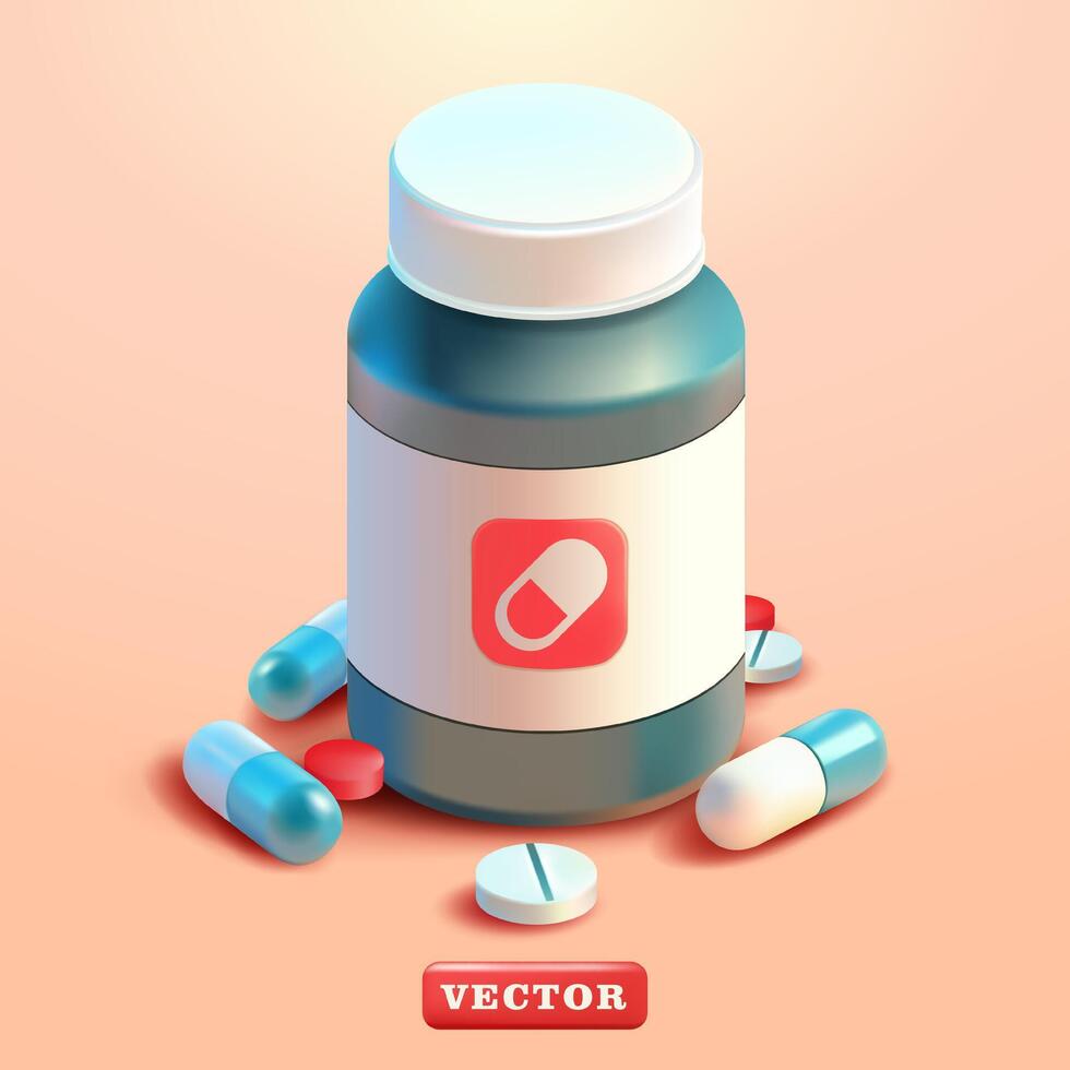 Plastic medicine bottle with pills and capsules, 3d vector. Suitable for pharmacy, medicine and health concept vector
