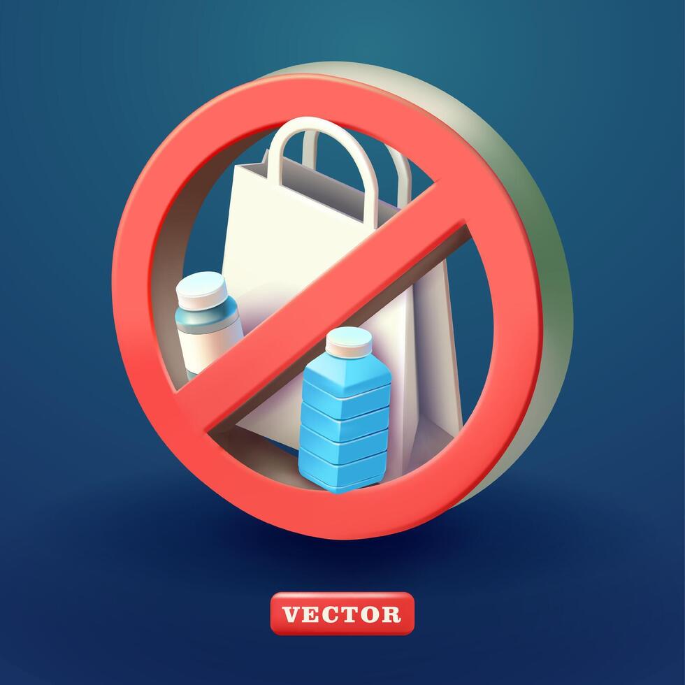 No el plastico, con el plastico bolso y el plastico botella elementos, 3d vector. adecuado para ahorro el ambiente y educación vector