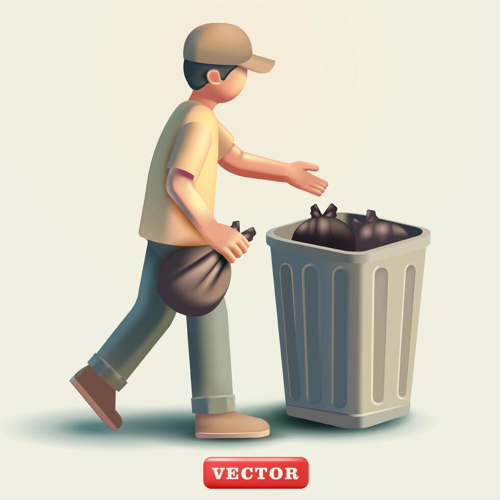 un hombre es tomando fuera el basura, 3d vector. adecuado para ahorro el ambiente y educación vector