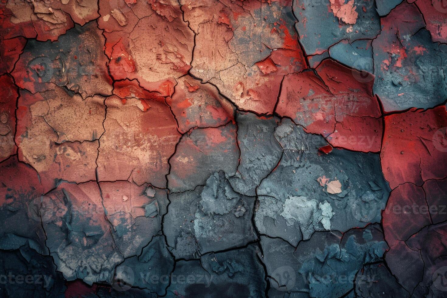 AI generated Red and Blue Cracked Paint Texture on Rough Surface photo