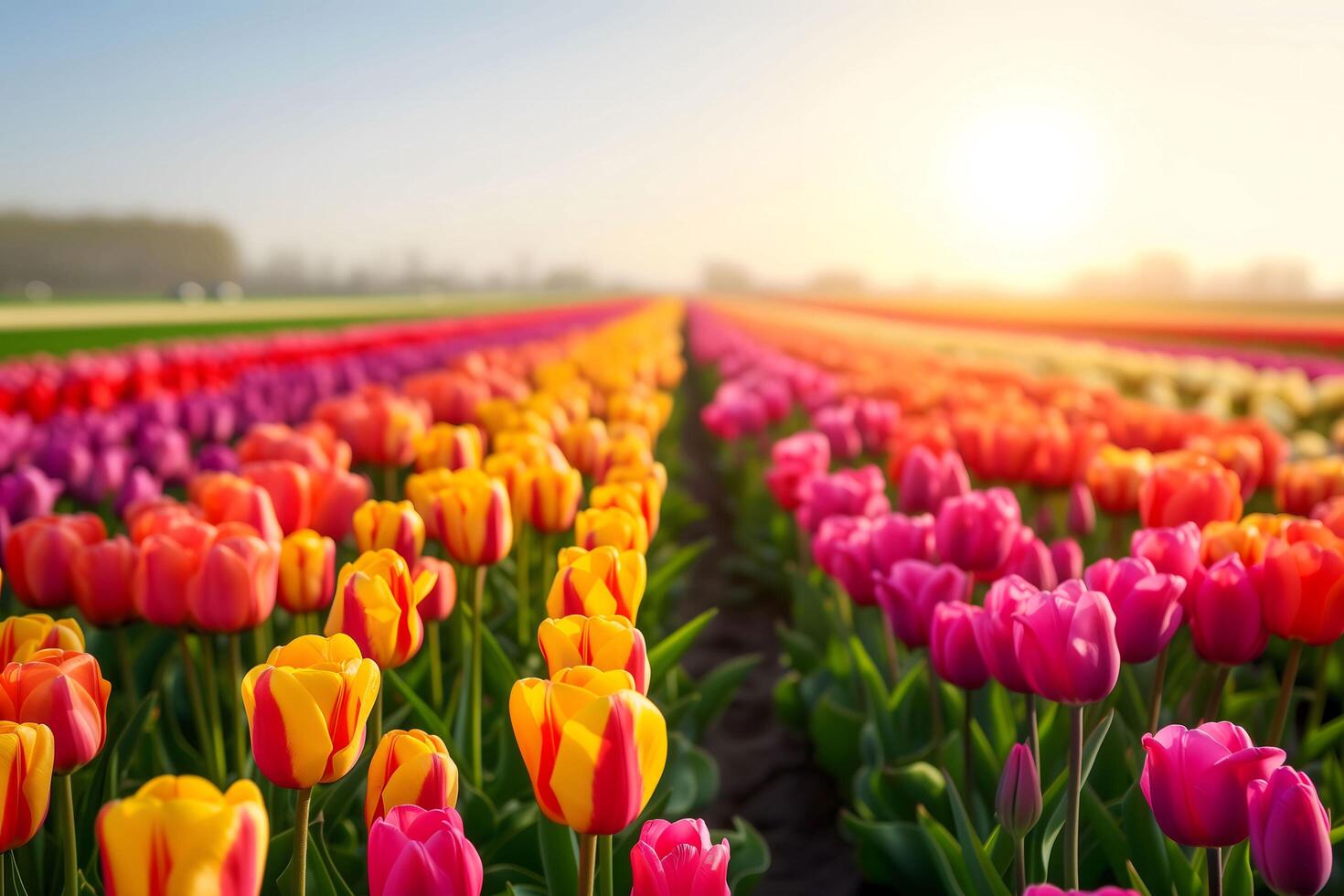 AI generated Sunrise Over Vibrant Tulip Rows photo