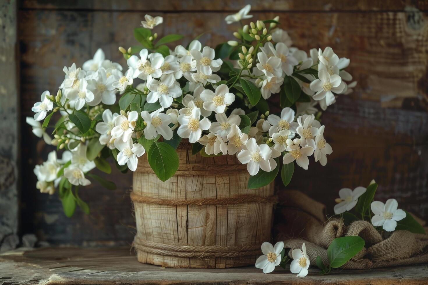 AI generated Vintage Wooden Basket with White Spring Blossoms photo