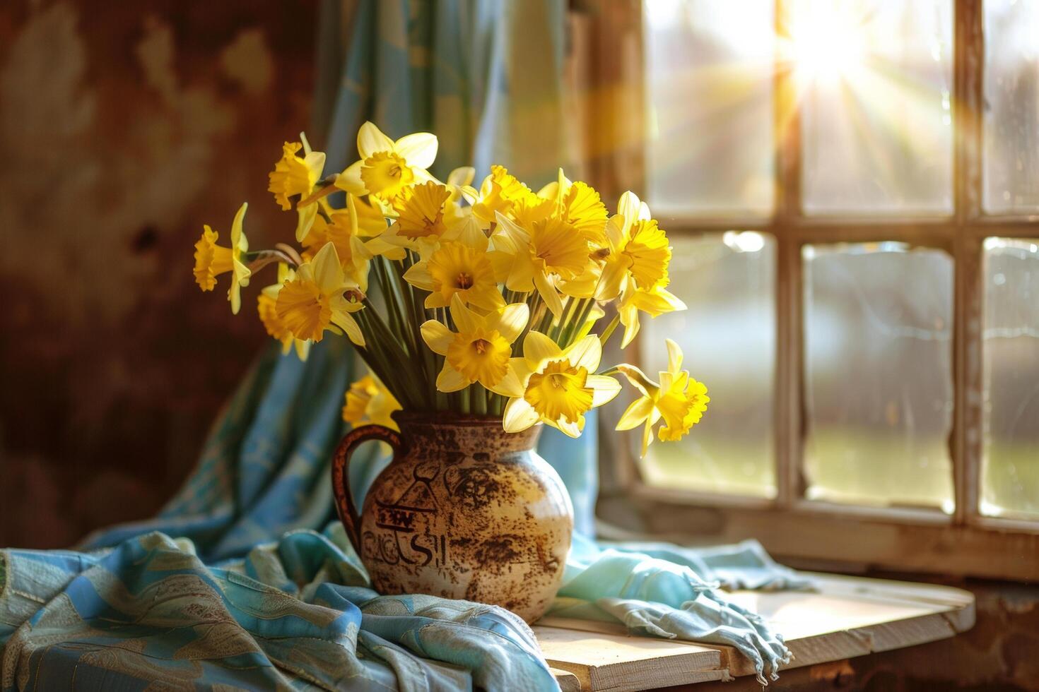 AI generated Sunny Daffodils in a Stoneware Pitcher photo