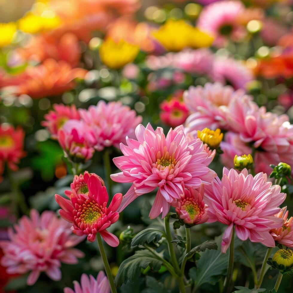 AI generated Vibrant Pink Chrysanthemums in Full Bloom photo