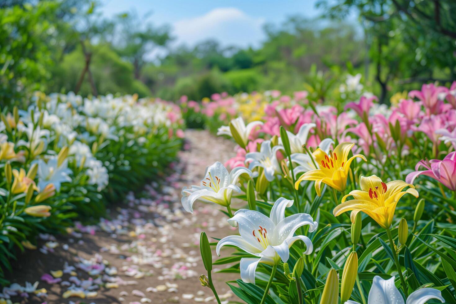 AI generated Pathway Through a Multicolored Lily Garden photo
