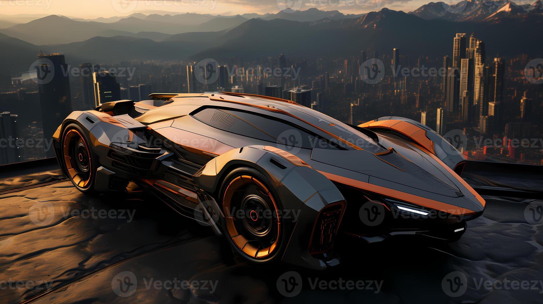 AI generated Futuristic vehicle parked on high ground the background is cityscape far away can be used to supplement advertisements for other product or service related to technology. photo