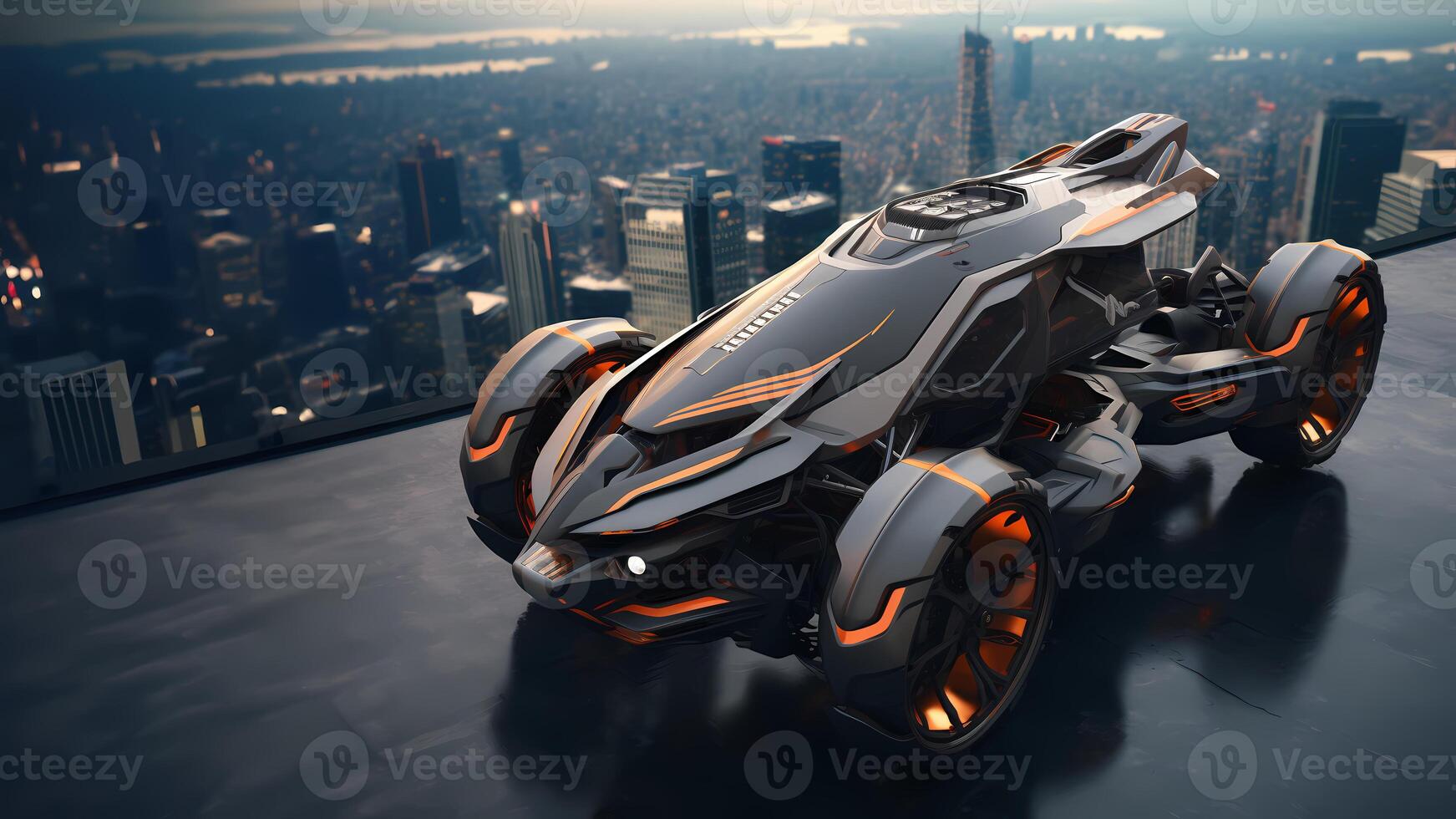 AI generated Futuristic vehicle parked on high ground the background is cityscape far away can be used to supplement advertisements for other product or service related to technology. photo