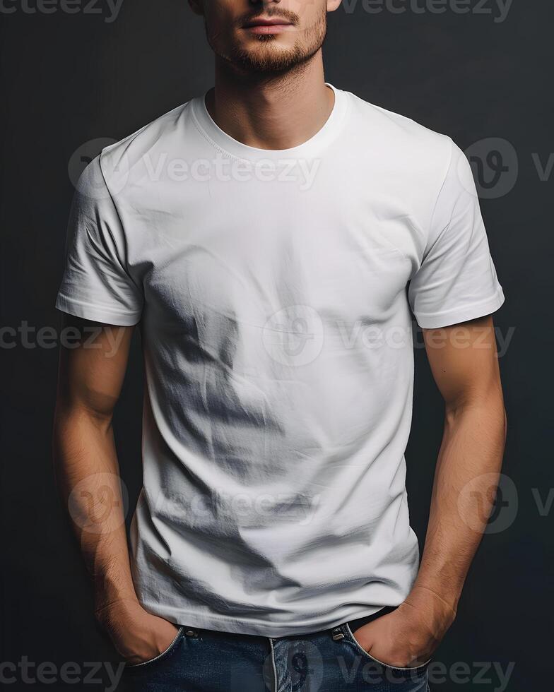 AI generated Men's White Short Sleeve Round Neck T-Shirt Mockup is useful tool for clothing designers to help visualize T-shirts before actual production Save time and money and makes it easier. photo