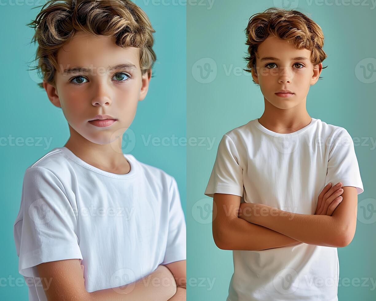 Boy's White Short Sleeve Round Neck T-Shirt Mockup It is a useful tool for clothing designers to help visualize T-shirts before actual production Save time and money and makes it easier photo