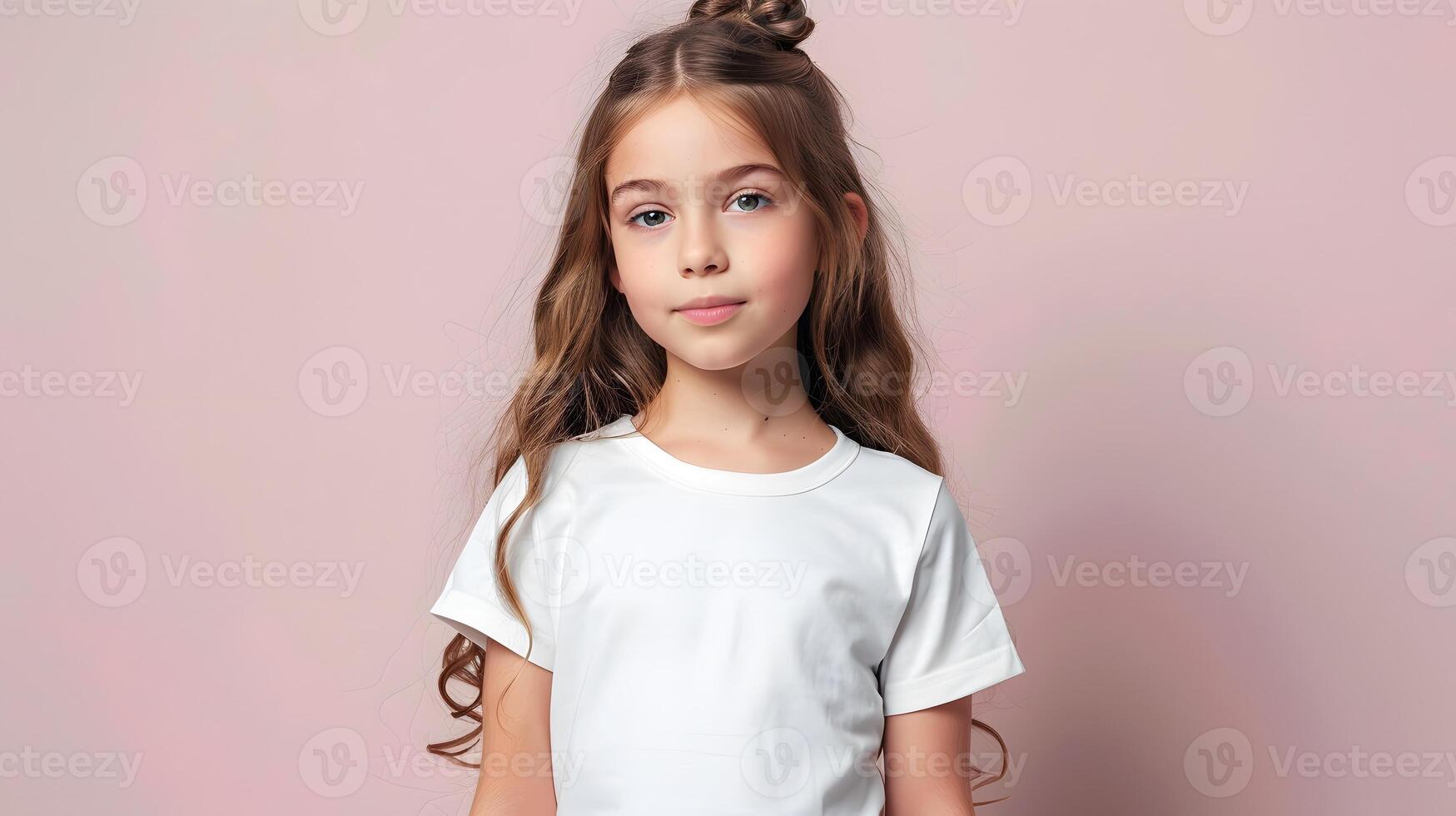 AI generated Girl's White Short Sleeve Round Neck T-Shirt Mockup It is a useful tool for clothing designers to help visualize T-shirts before actual production Save time and money and makes it easier. photo