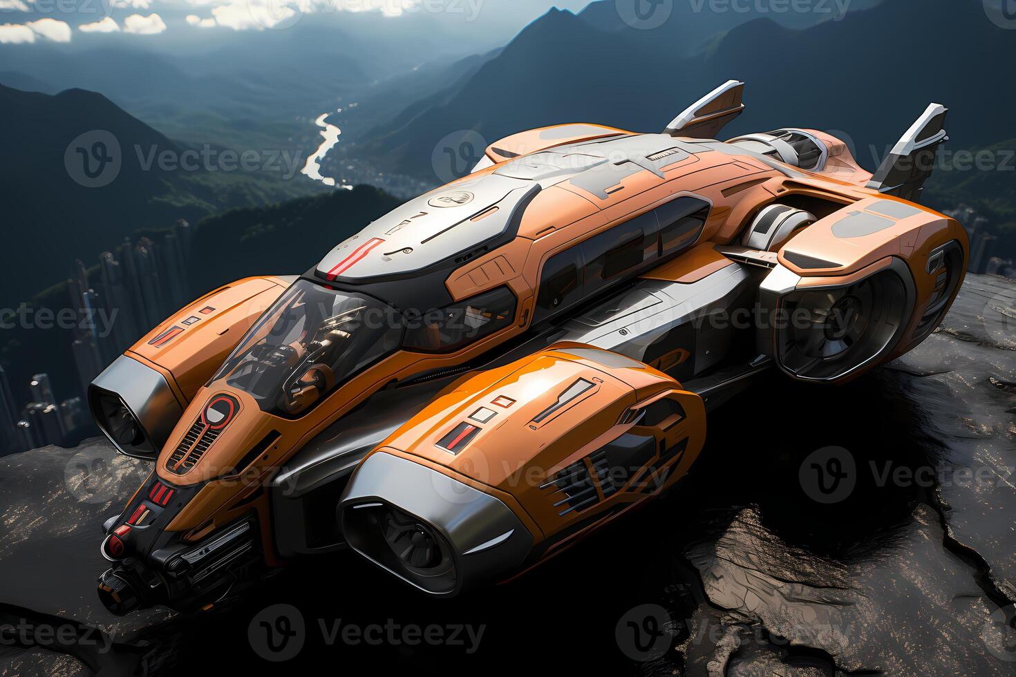 AI generated Futuristic vehicle parked on high ground the background is cityscape far away can be used to supplement advertisements for other product or service related to technology. photo