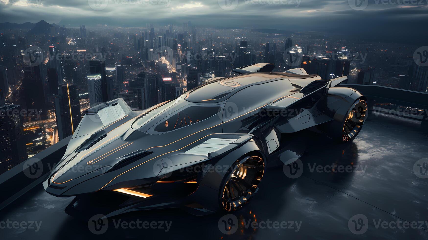 AI generated Futuristic vehicle parked on high ground the background is cityscape far away can be used to supplement advertisements for other product or service related to technology. photo