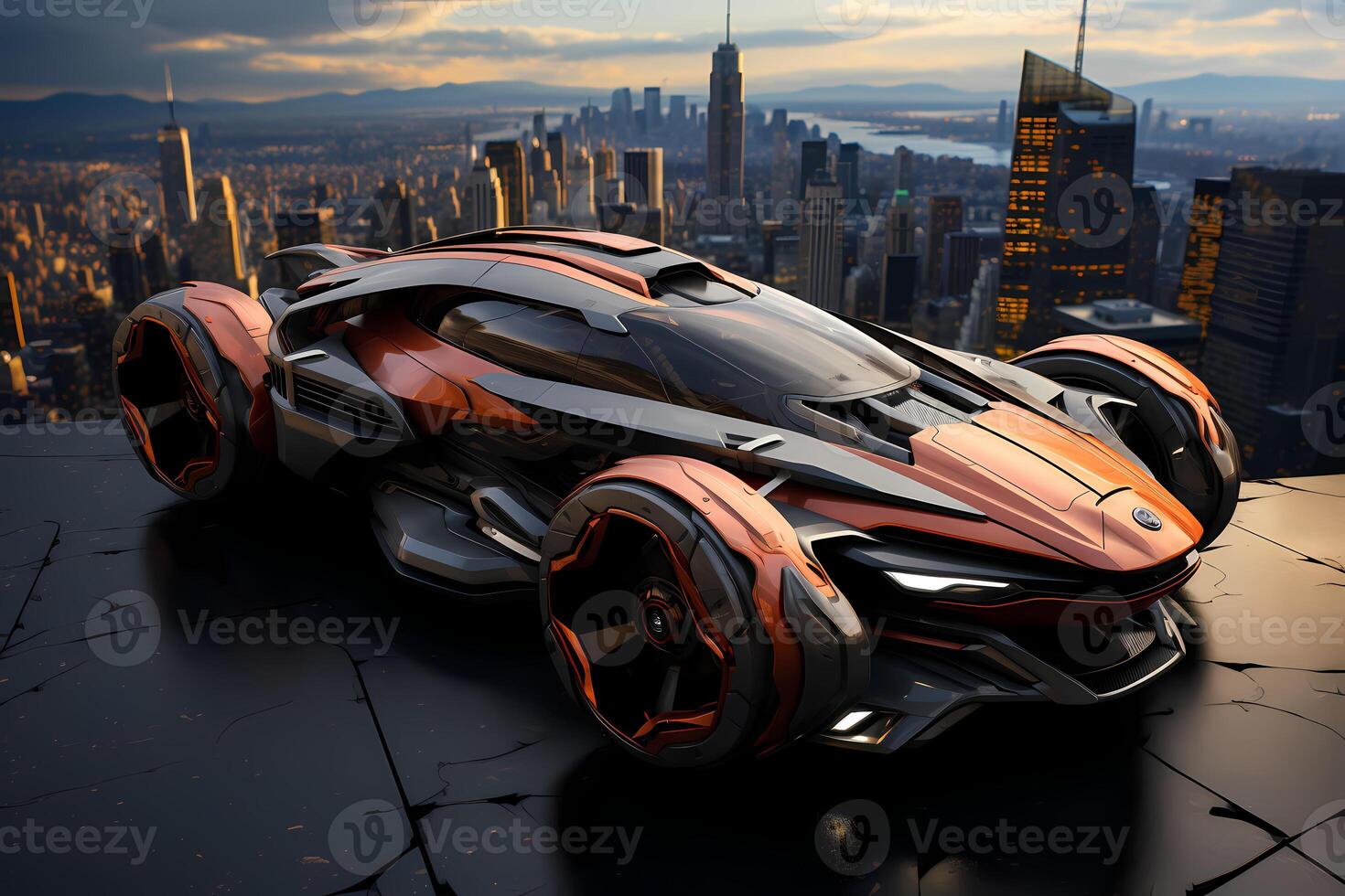 AI generated Futuristic vehicle parked on high ground the background is cityscape far away can be used to supplement advertisements for other product or service related to technology. photo