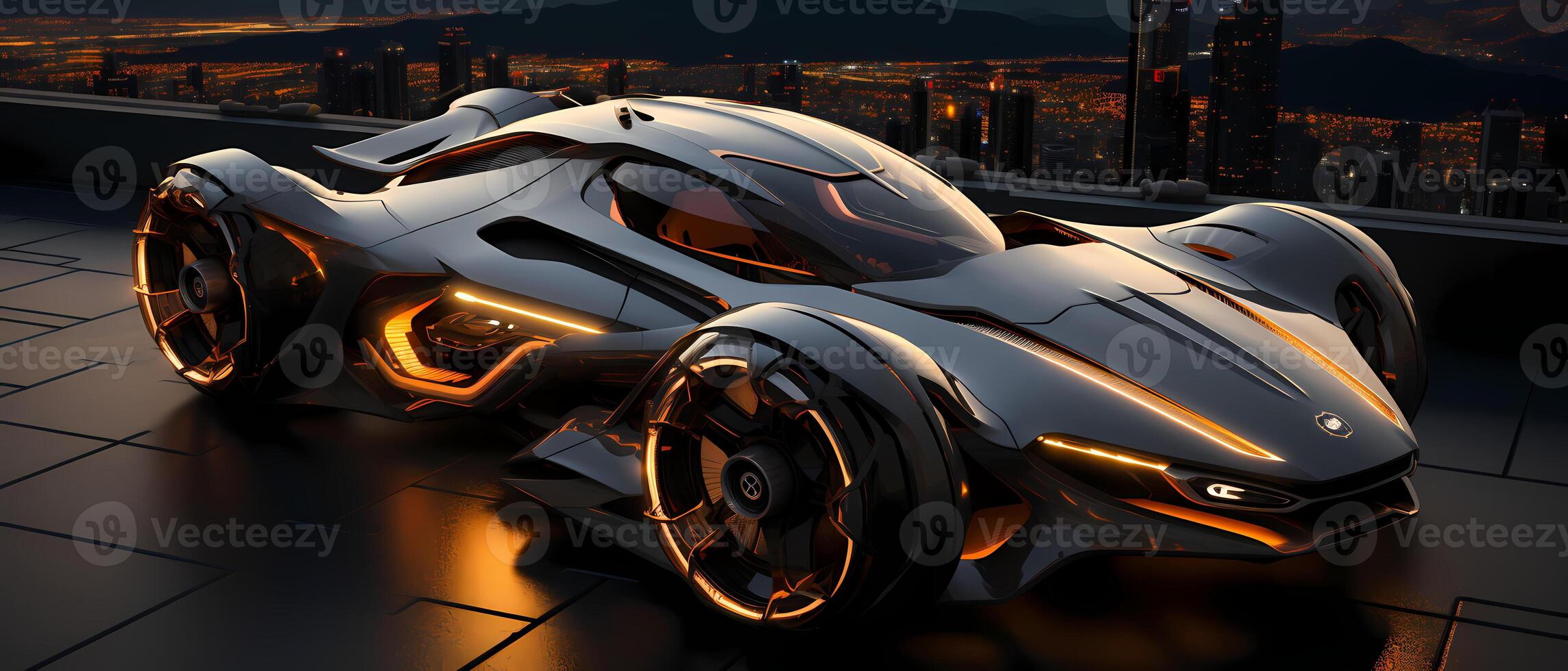 AI generated Futuristic vehicle parked on high ground the background is cityscape far away can be used to supplement advertisements for other product or service related to technology. photo