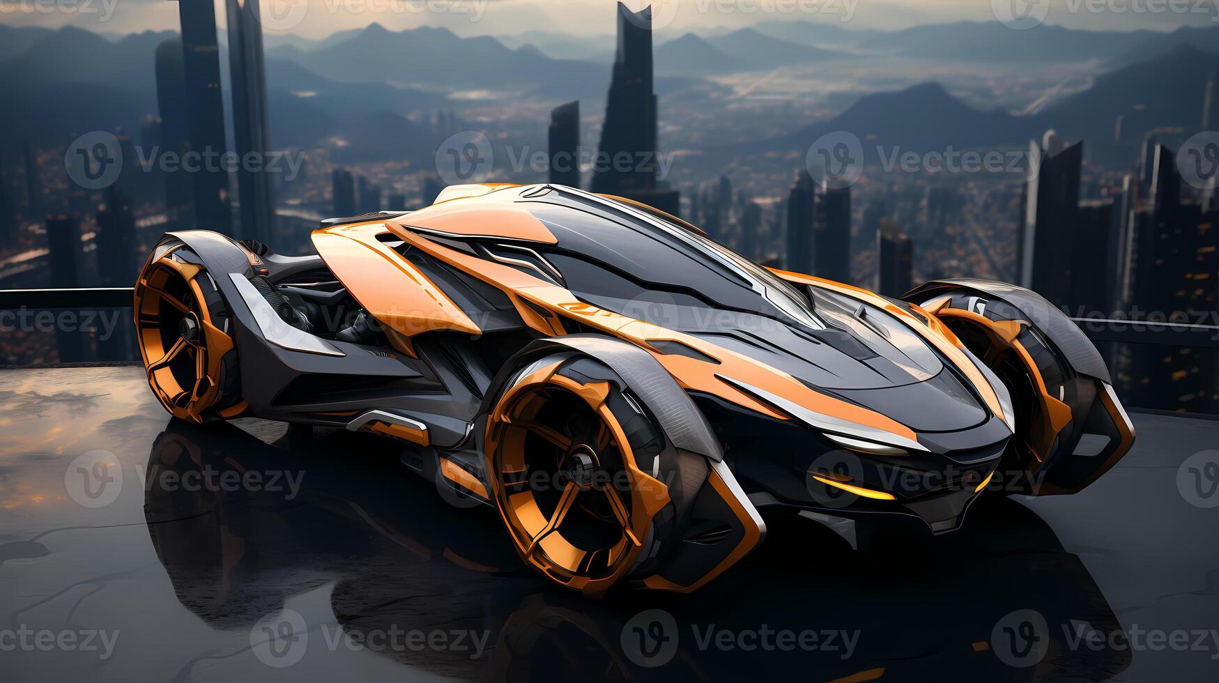 AI generated Futuristic vehicle parked on high ground the background is cityscape far away can be used to supplement advertisements for other product or service related to technology. photo