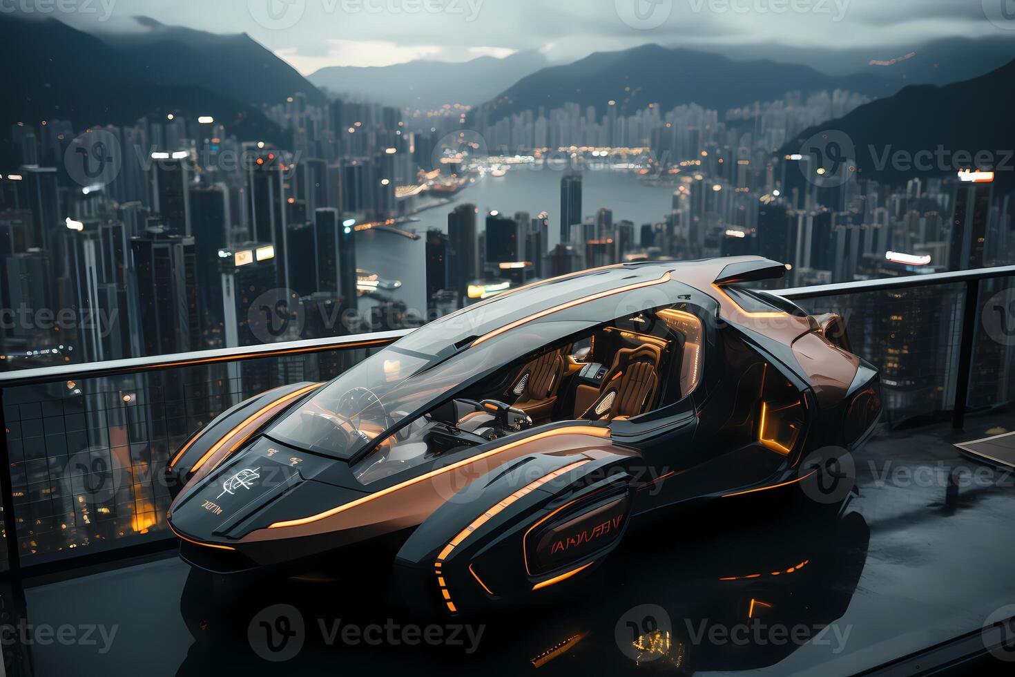 AI generated Futuristic vehicle parked on high ground the background is cityscape far away can be used to supplement advertisements for other product or service related to technology. photo