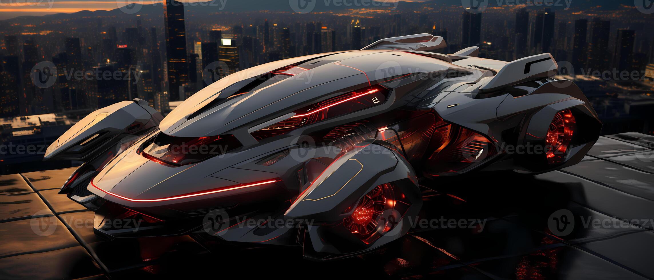 AI generated Futuristic vehicle parked on high ground the background is cityscape far away can be used to supplement advertisements for other product or service related to technology. photo