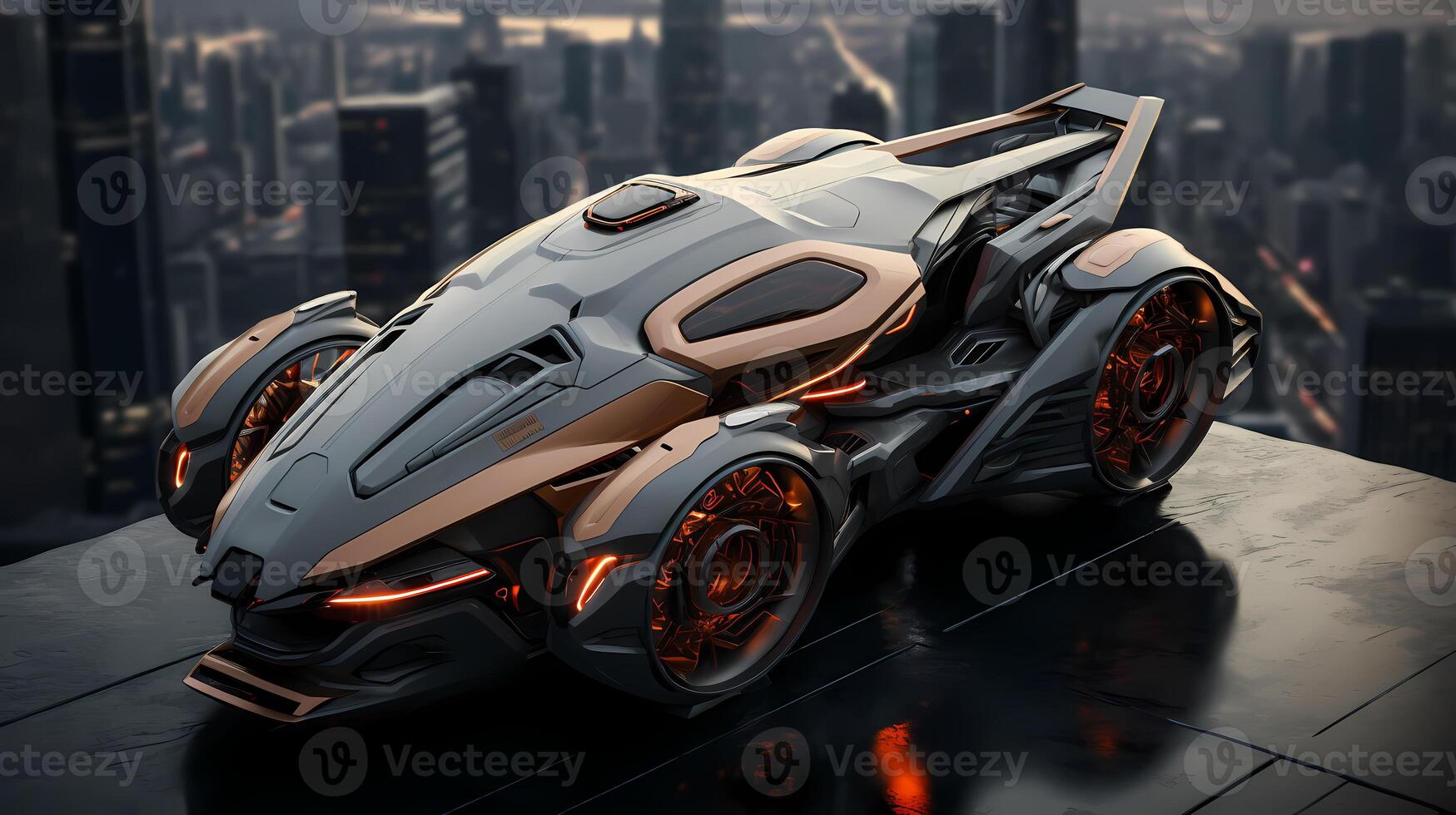 AI generated Futuristic vehicle parked on high ground the background is cityscape far away can be used to supplement advertisements for other product or service related to technology. photo