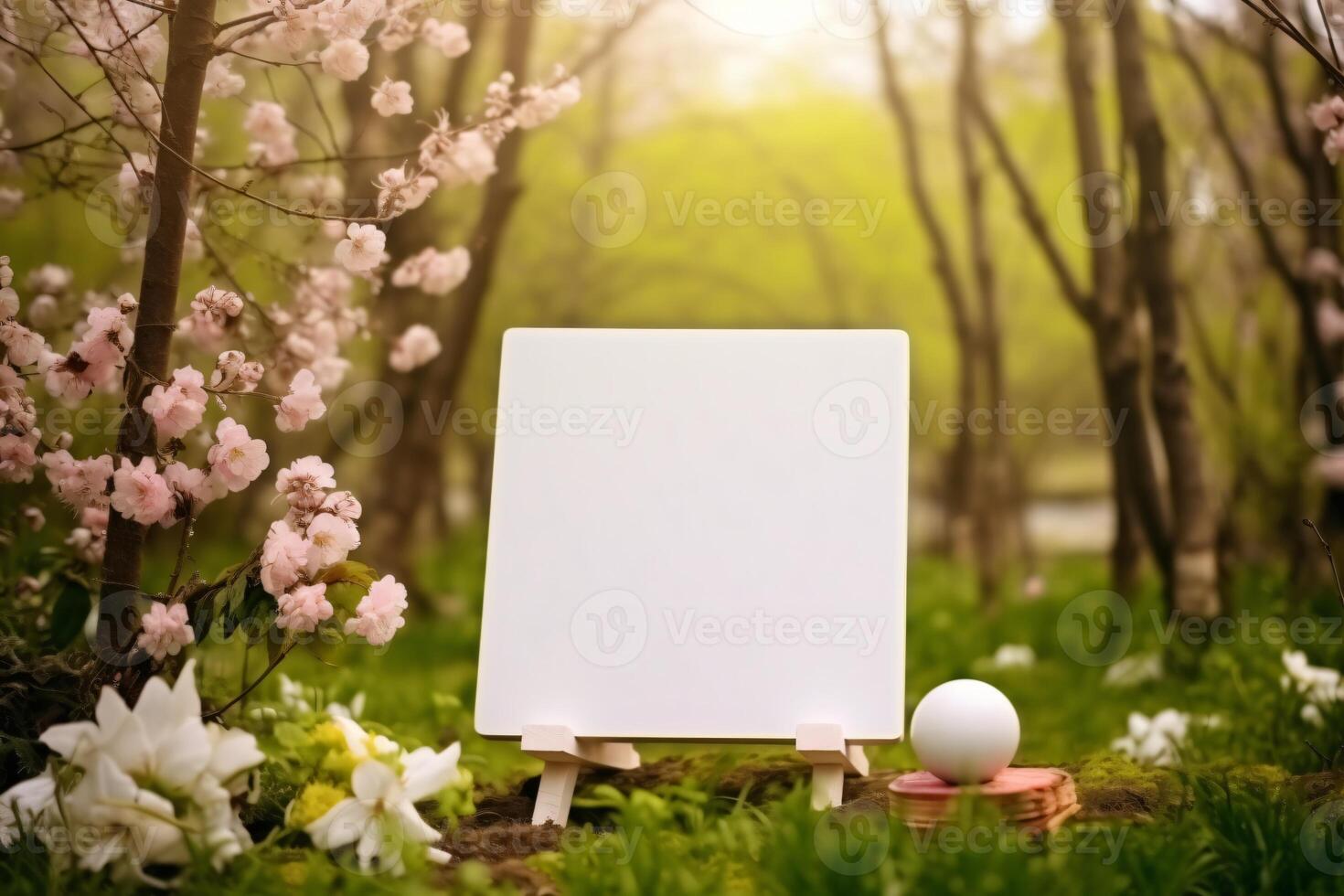 AI generated Small blank white signboard with cute accessories, spring theme. AI Generative photo