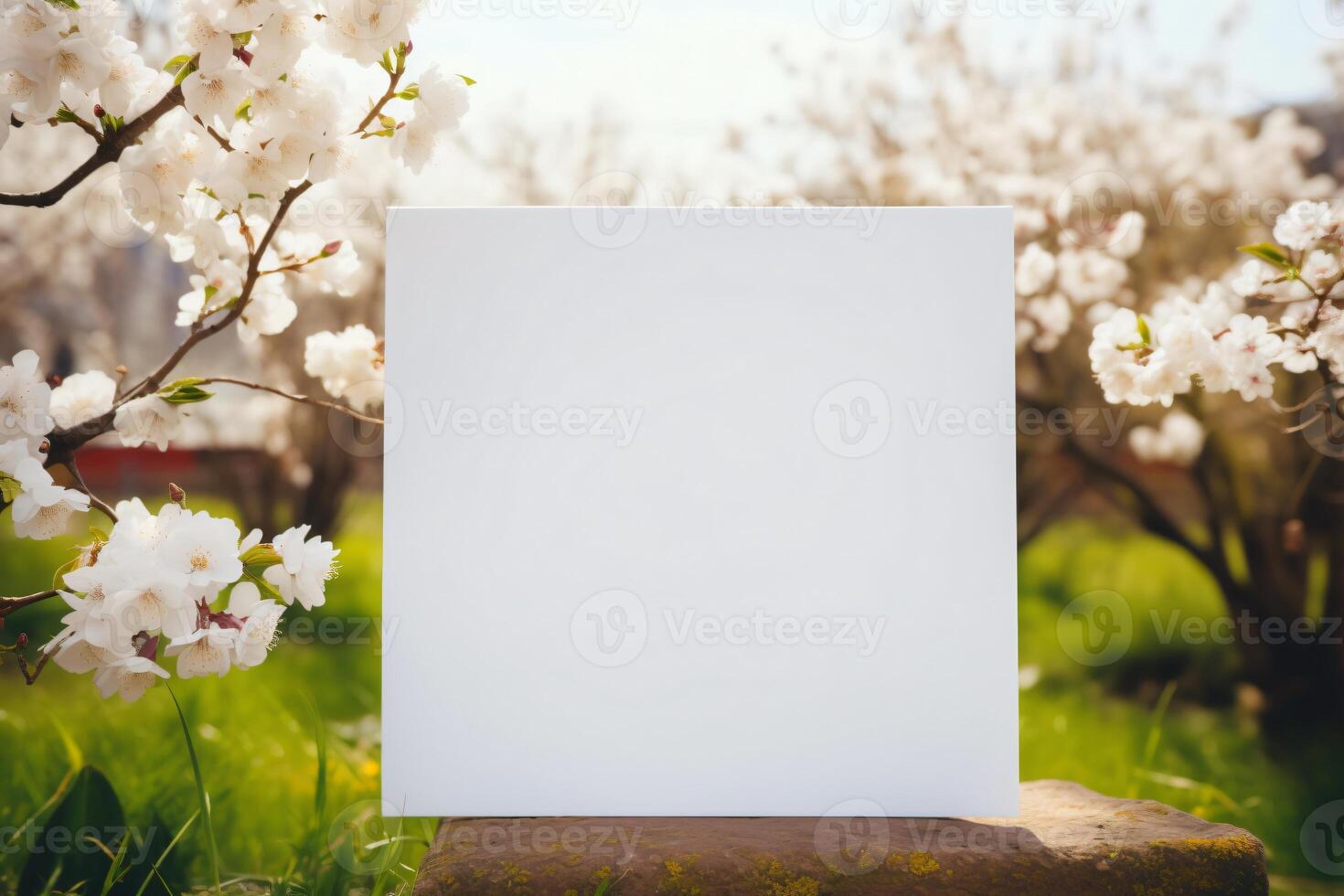 AI generated Small blank white signboard with cute accessories, spring theme. AI Generative photo