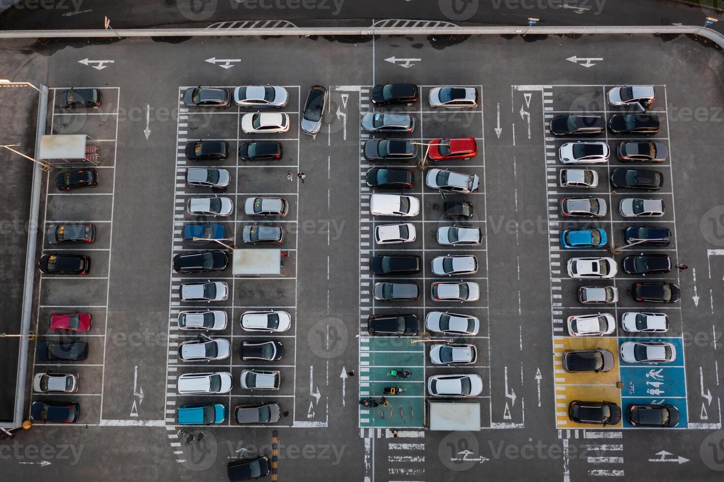 Car parking near shopping mall aerial view photo