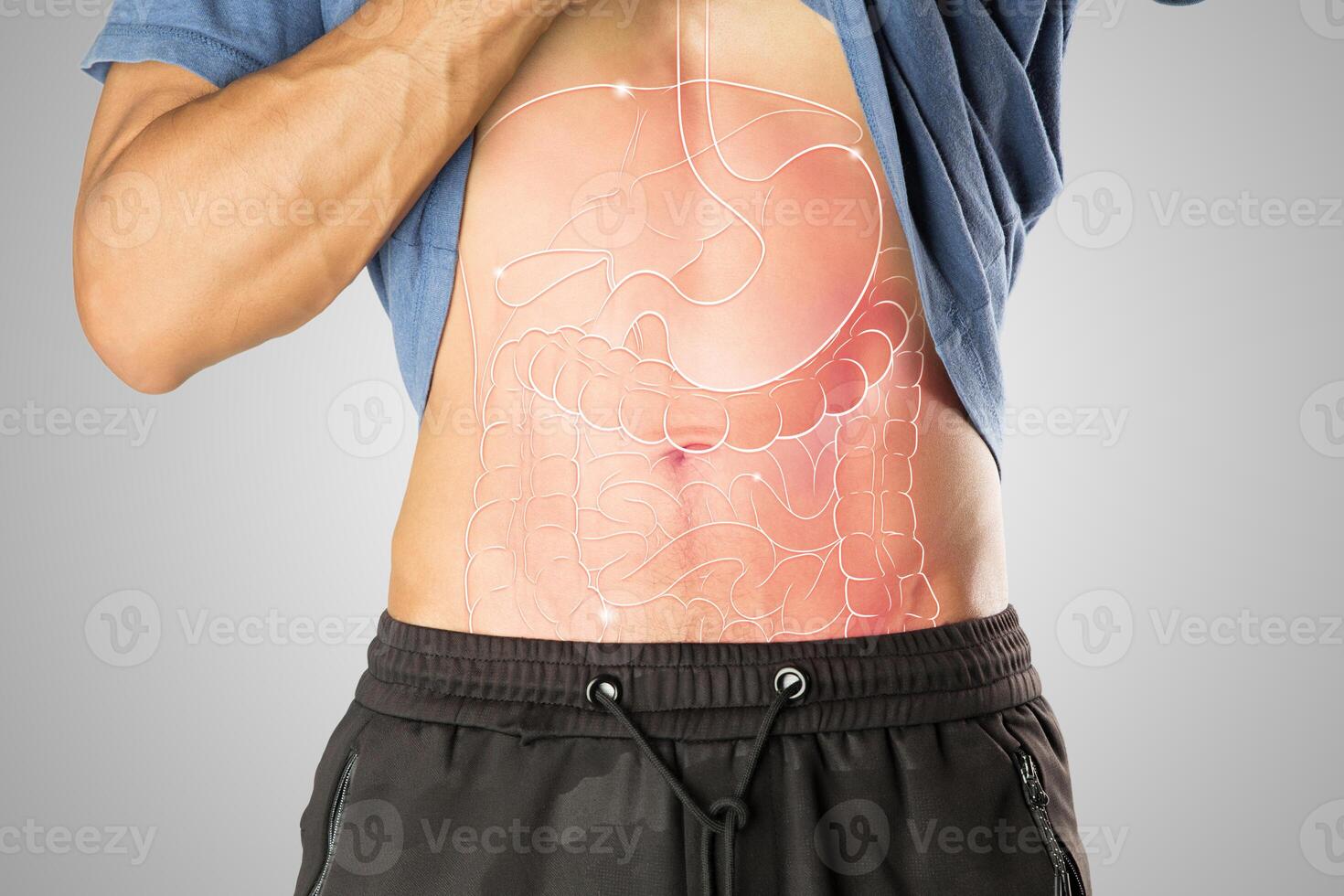 Illustration of internal organs is on the man body. Man with visceral inflammation photo