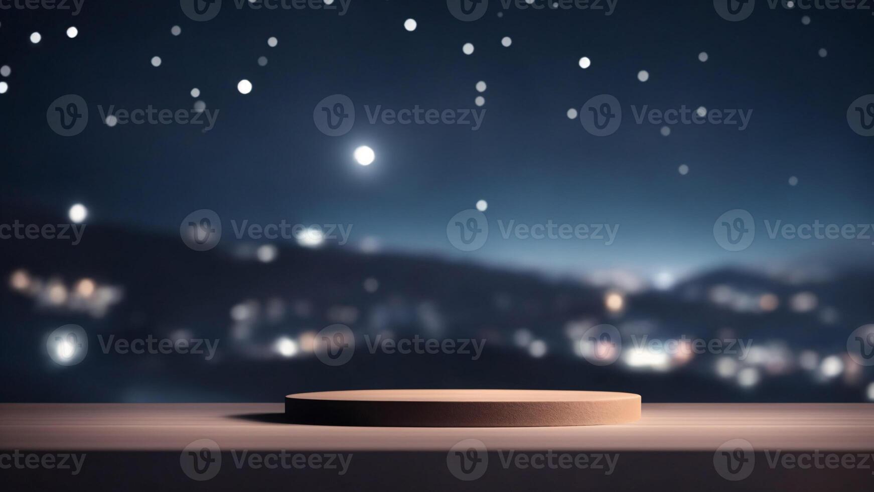 AI generated Wooden podium on night city starry background. Mock up, 3D Render photo