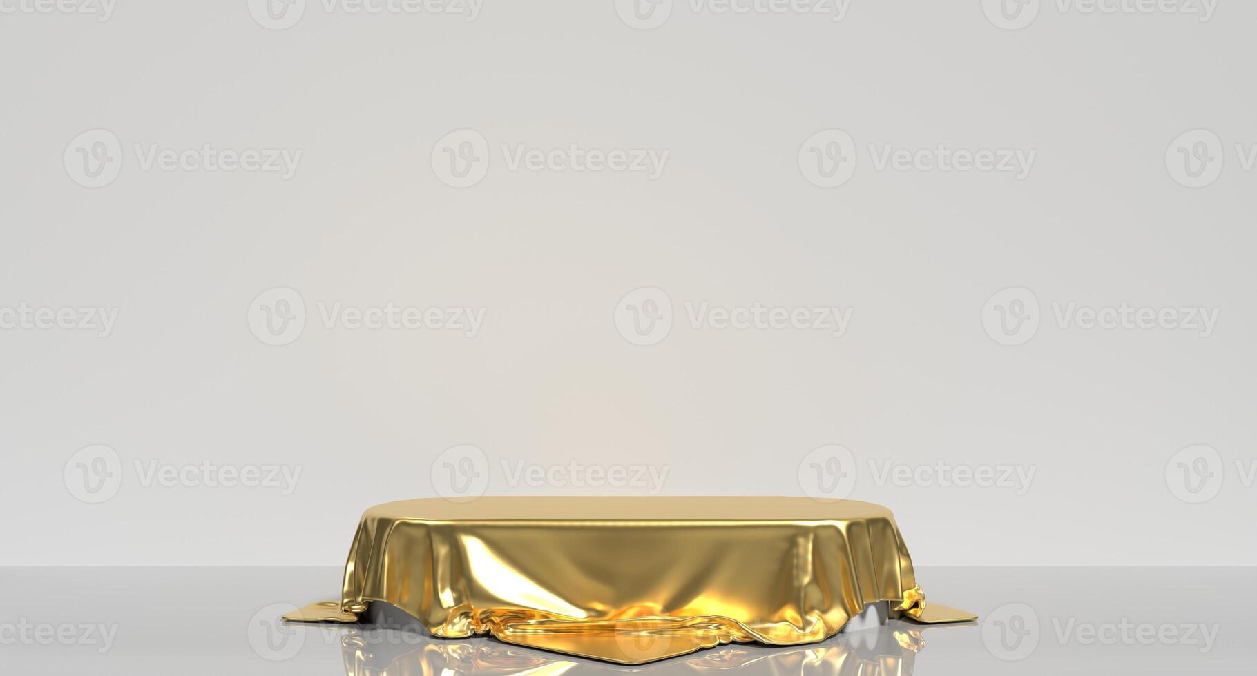 Gold podium pedestal on luxury satin. Pedestal or place for a product covered with silk. Podium covered gold silk fabric. 3D rendering photo