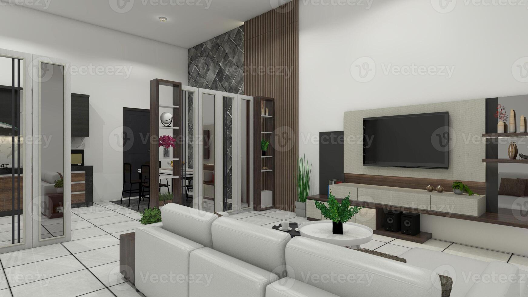 Modern Living Room Design with Wooden Divider Partition and Tv Cabinet, 3D Illustration photo