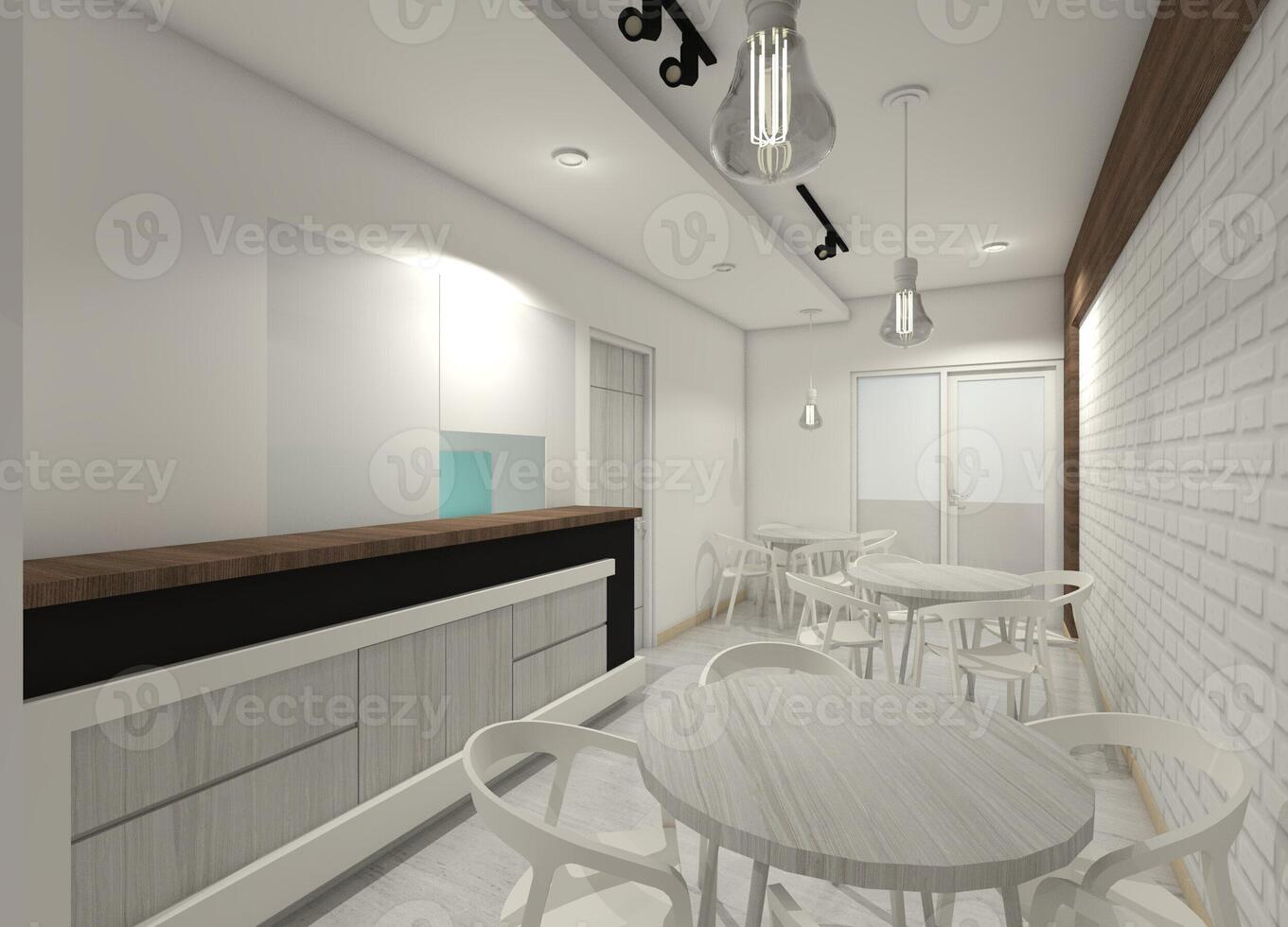 moderno restaurante con conjunto mesa y servicio mesa, 3d ilustración foto