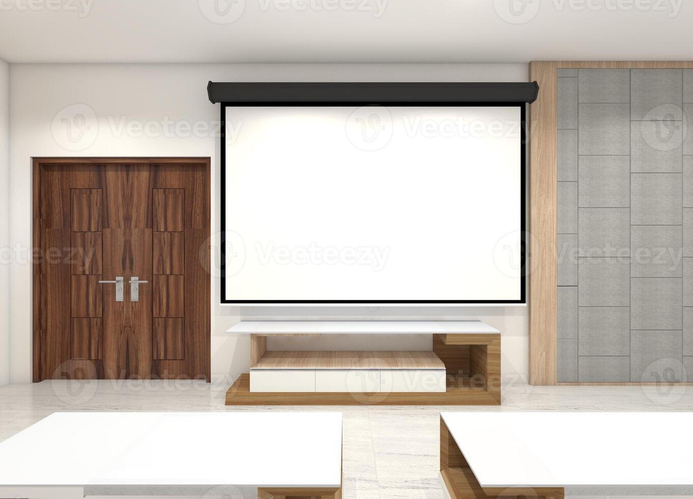 Wall Screen Projector and Modern Desk Cabinet for Interior Studio Room, 3D Illustration photo