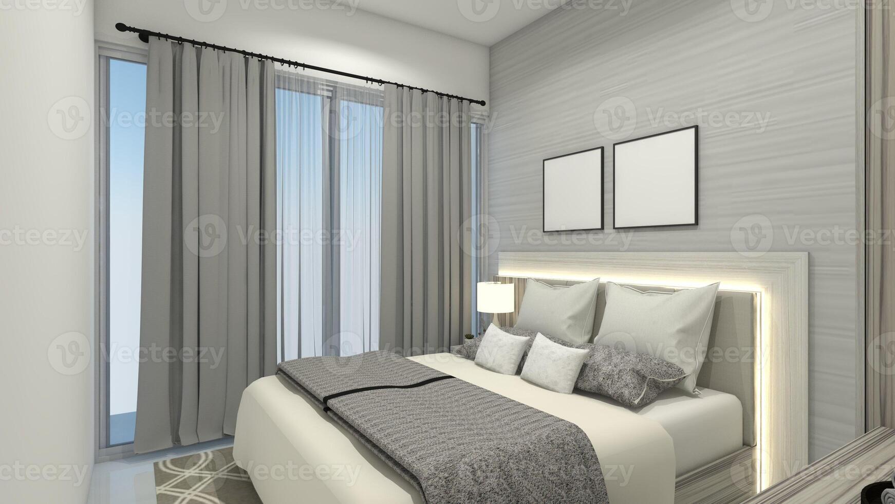 Modern Bedroom Design with Queen Bed Cushion and Minimalist Headboard Panel, 3D Illustration photo