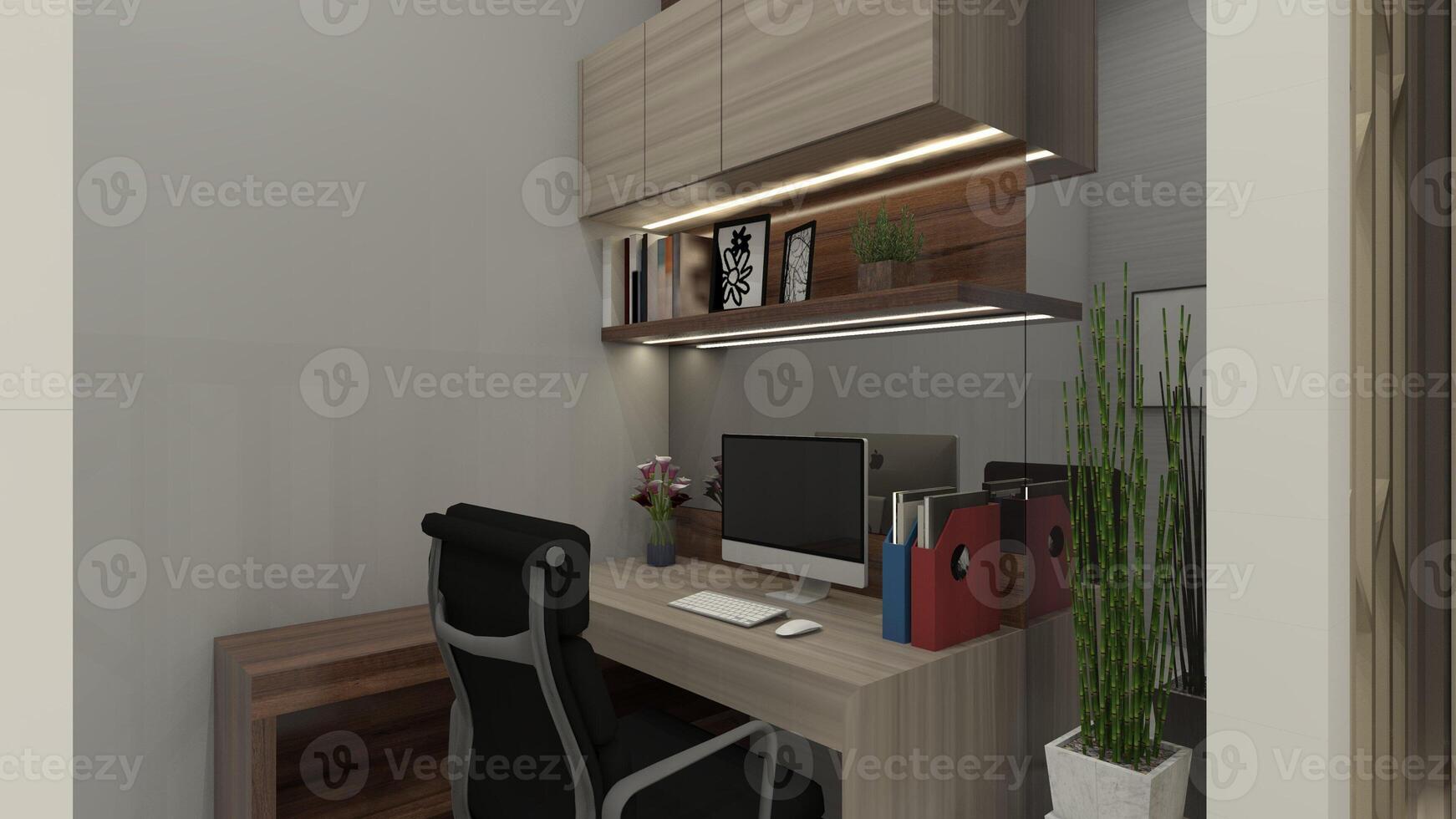 moderno y minimalista oficina escritorio con almacenamiento compartimiento, 3d ilustración foto