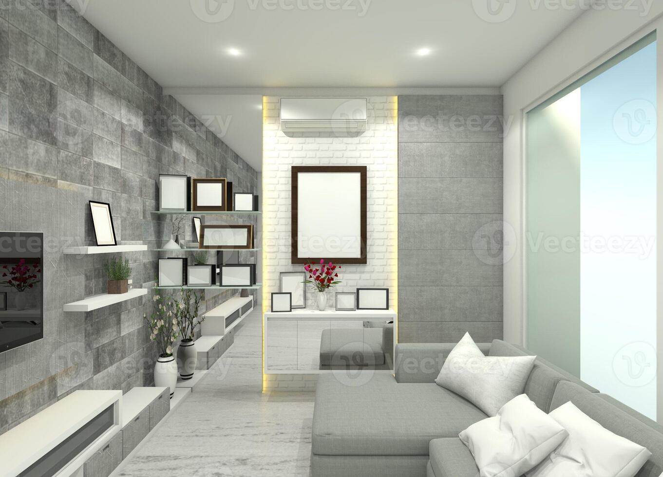 Living Room Design with Wall Panel Background and Decoration, 3D Illustration photo