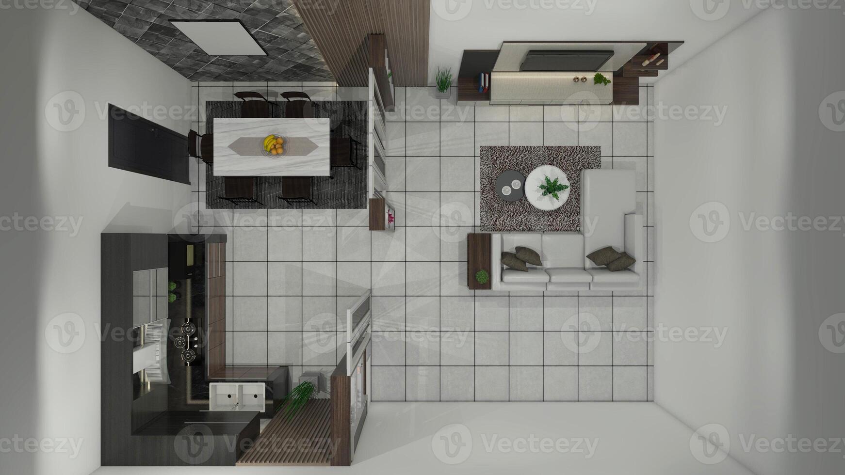 Layout Room Interior Kitchen, Dining and Living Design with Industrial Style, 3D Illustration photo