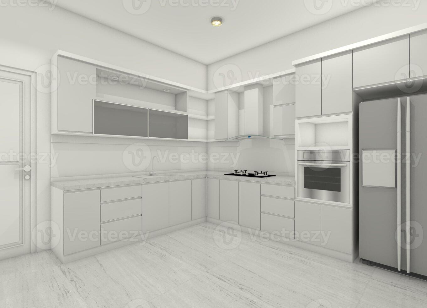 Modern Kitchen Cabinet Concept without Materials and Texture Furnishing, 3D Illustration photo