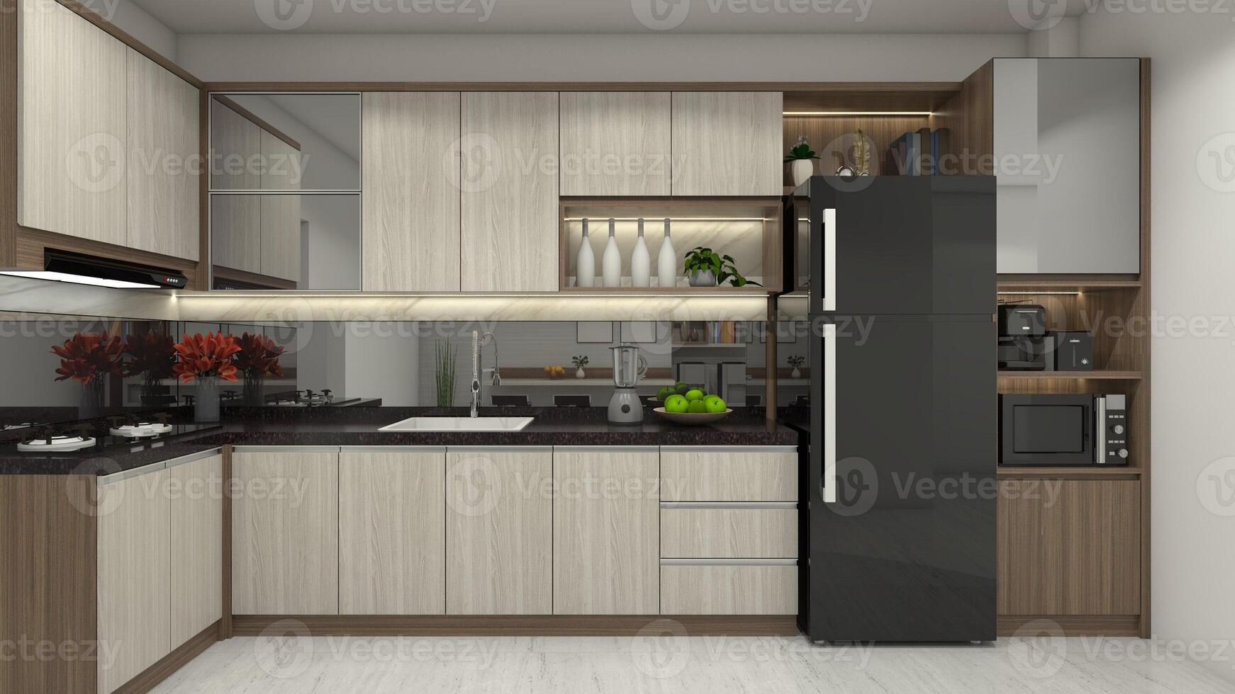Modern Wooden Kitchen Cabinet with Refrigerator and Rack Display Cabinet, 3D Illustration photo