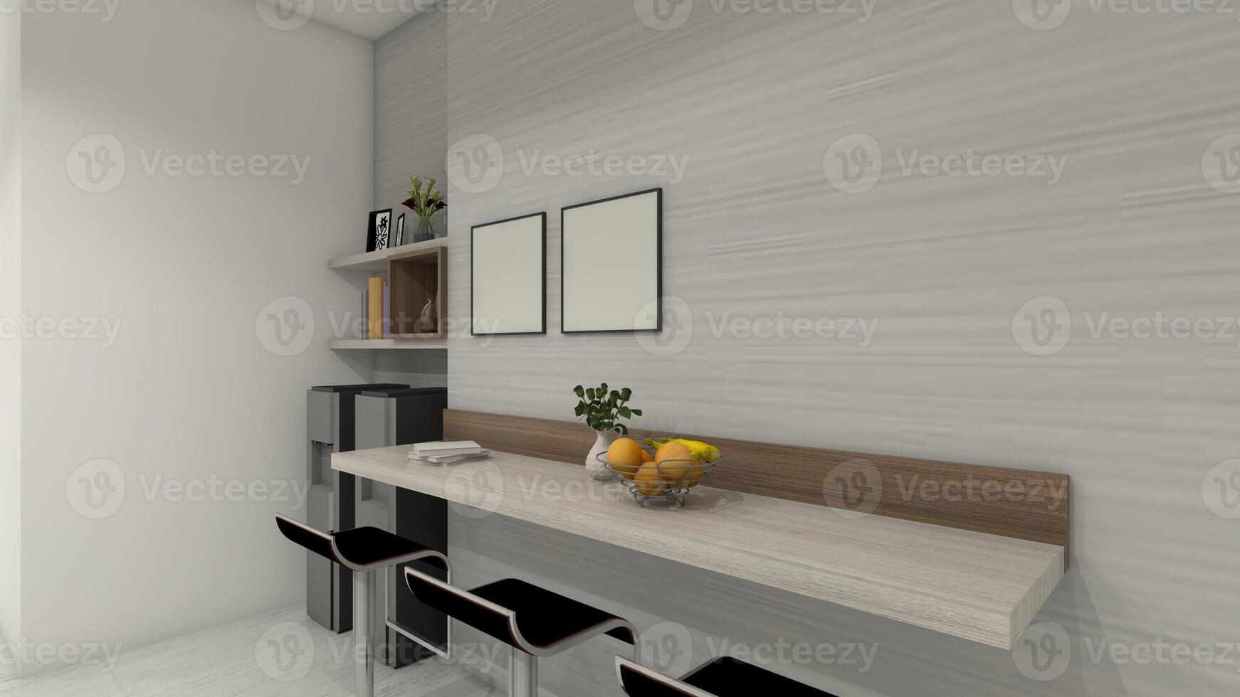 Wooden Bar Table Design with Shelving Box Display and Side Water Dispenser, 3D Illustration photo