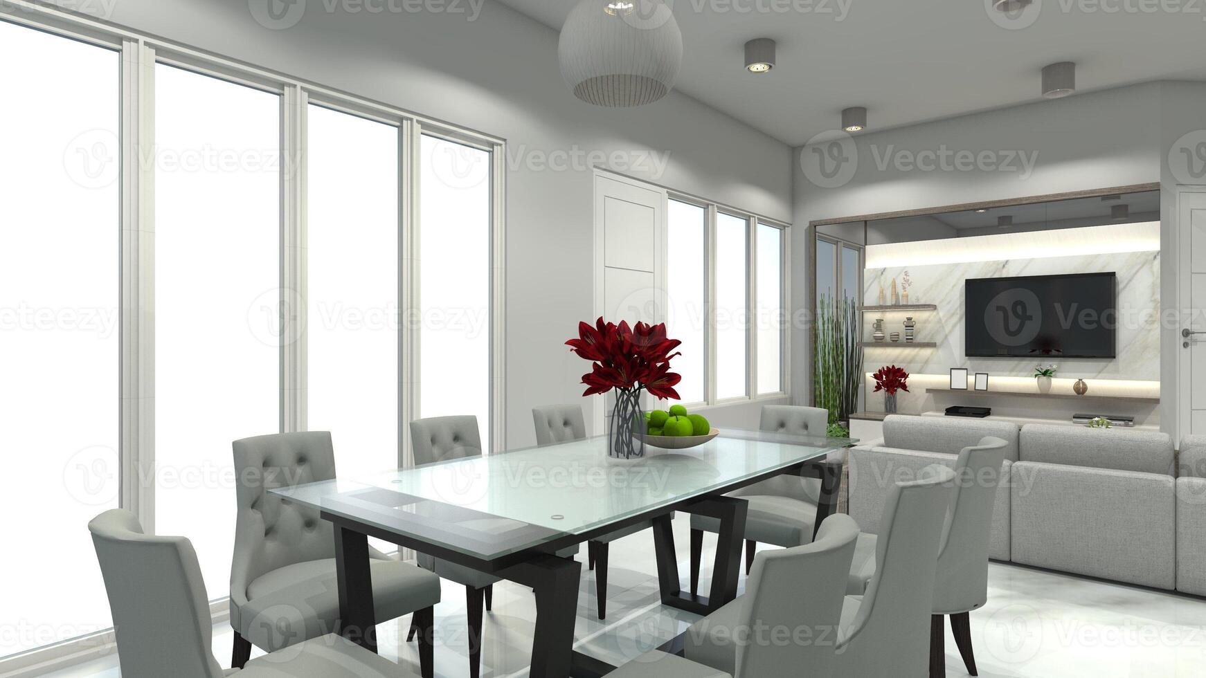 Luxury Dining Table with Wooden Frame and Glass Table Top, 3D Illustration photo