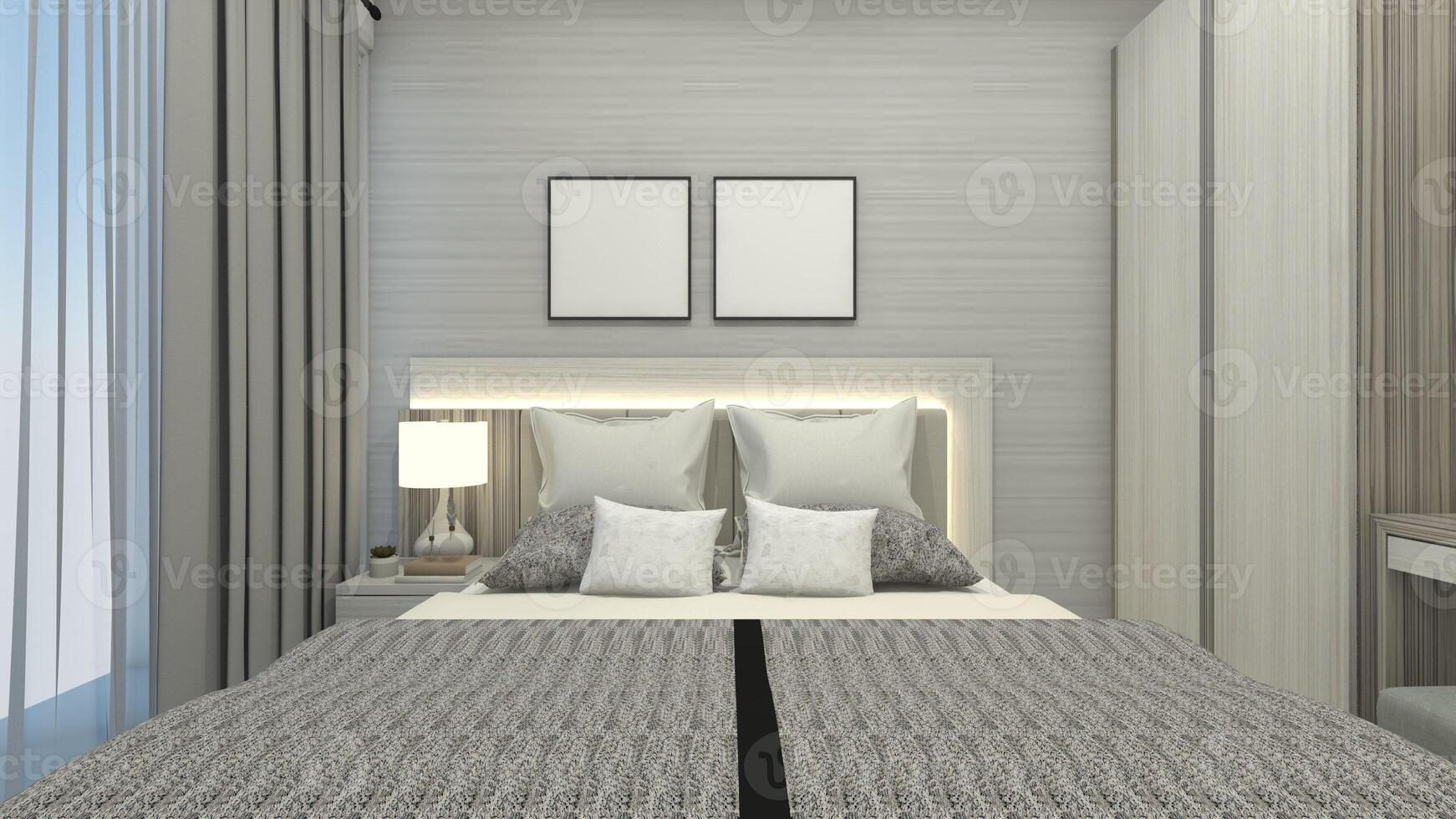 Minimalist Bedroom Design with Simple Wooden Headboard and Lighting Decoration, 3D Illustration photo