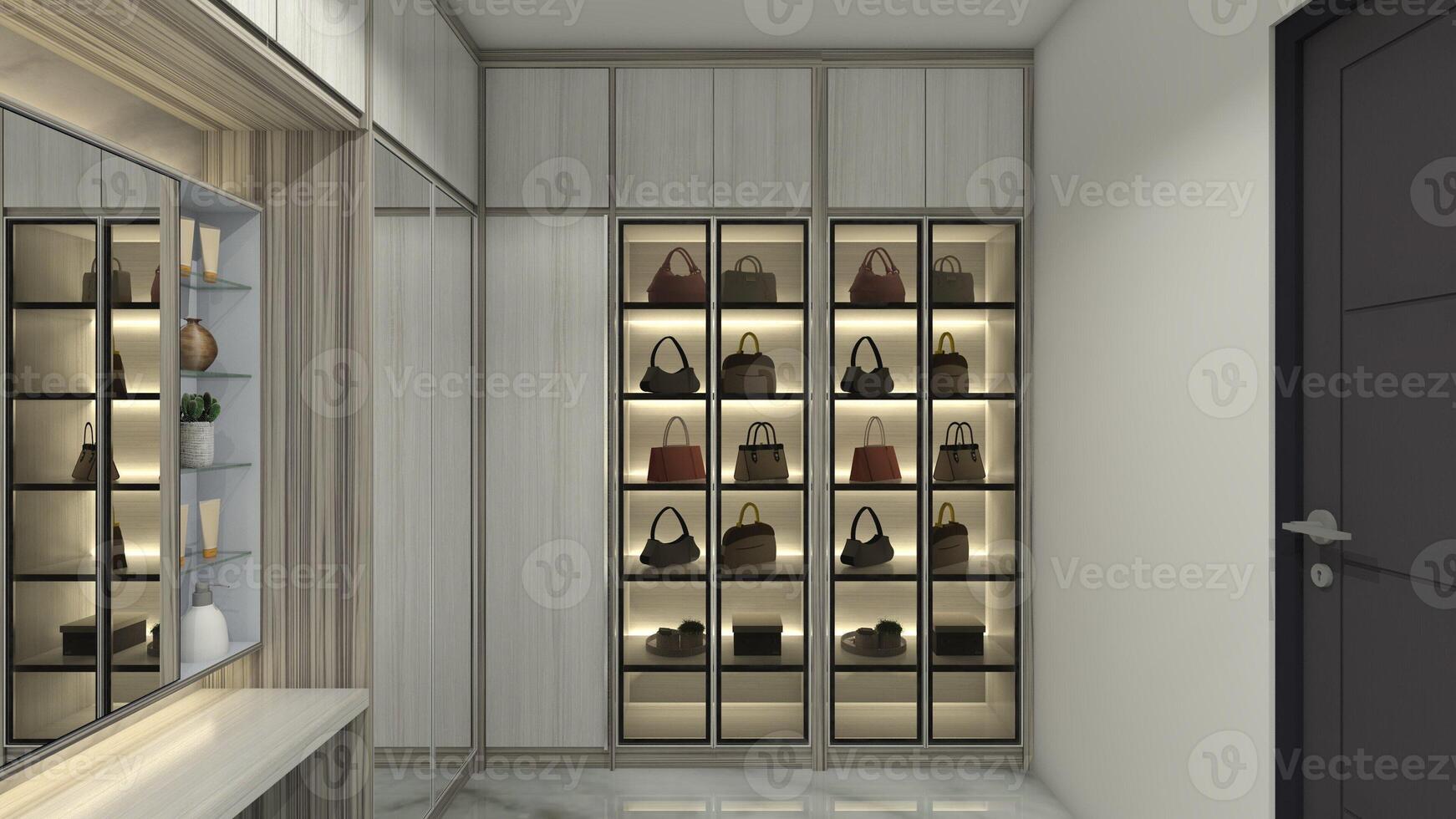 Modern Wardrobe Cabinet Design with Bag Display Collection, 3D Illustration photo