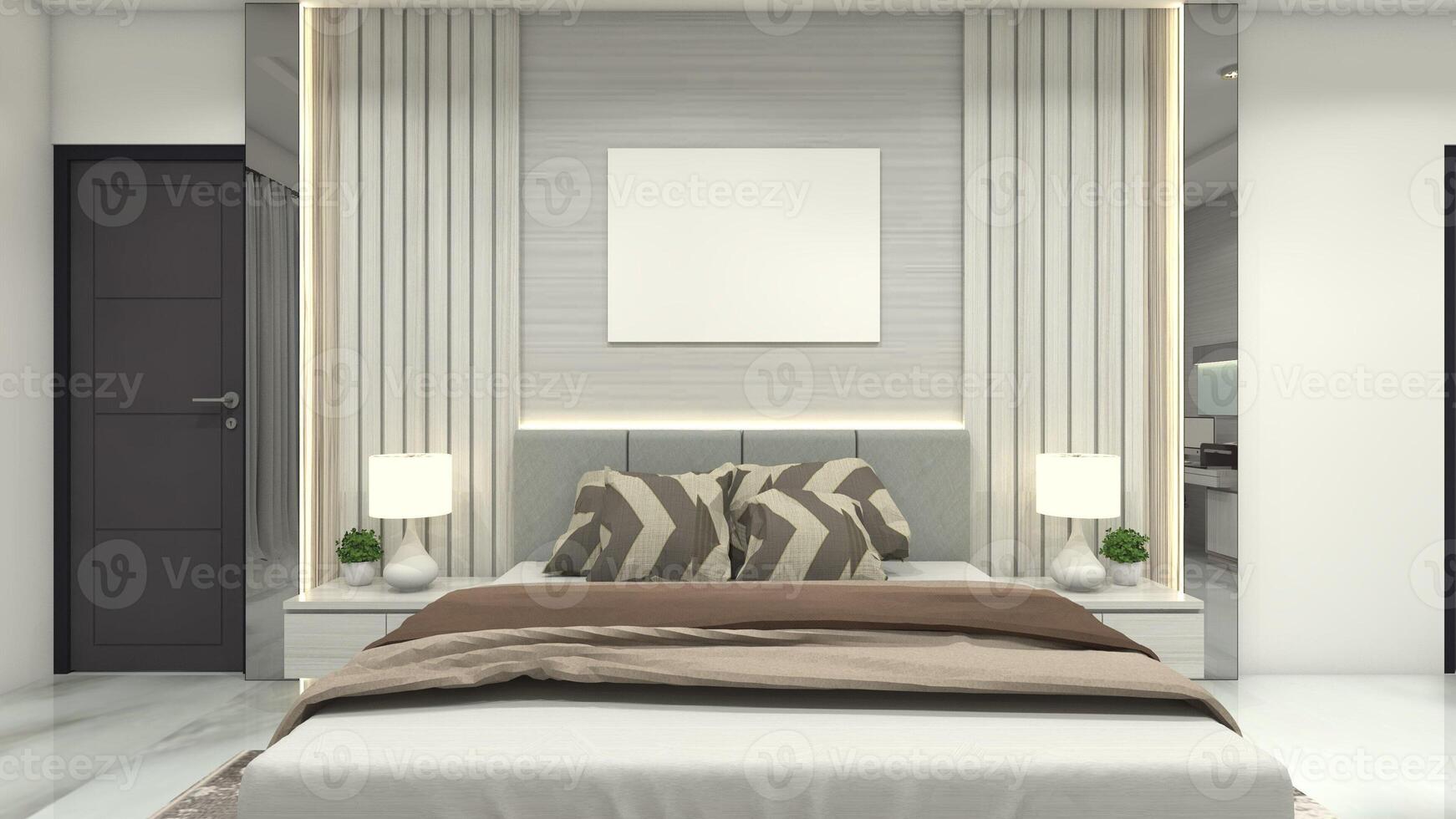Modern Bedding Design with Luxury Headboard Panel and Side Drawer, 3D Illustration photo