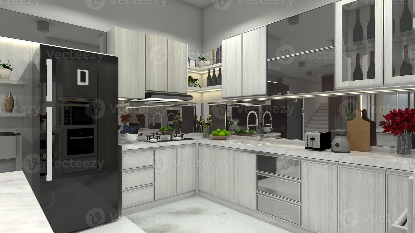 Modern and Luxury Kitchen Design with Wooden Cabinet, Mirror Backsplash and Marble Countertop, 3D Illustration photo