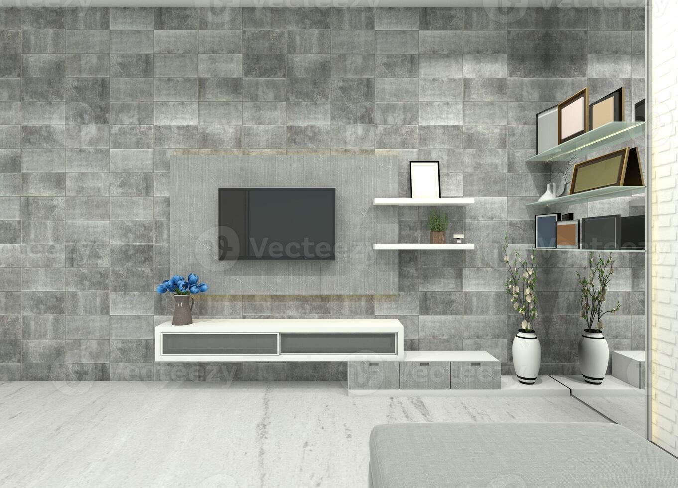 Minimalist TV Cabinet with Rock Wall Background and Rack Display, 3D Illustration photo