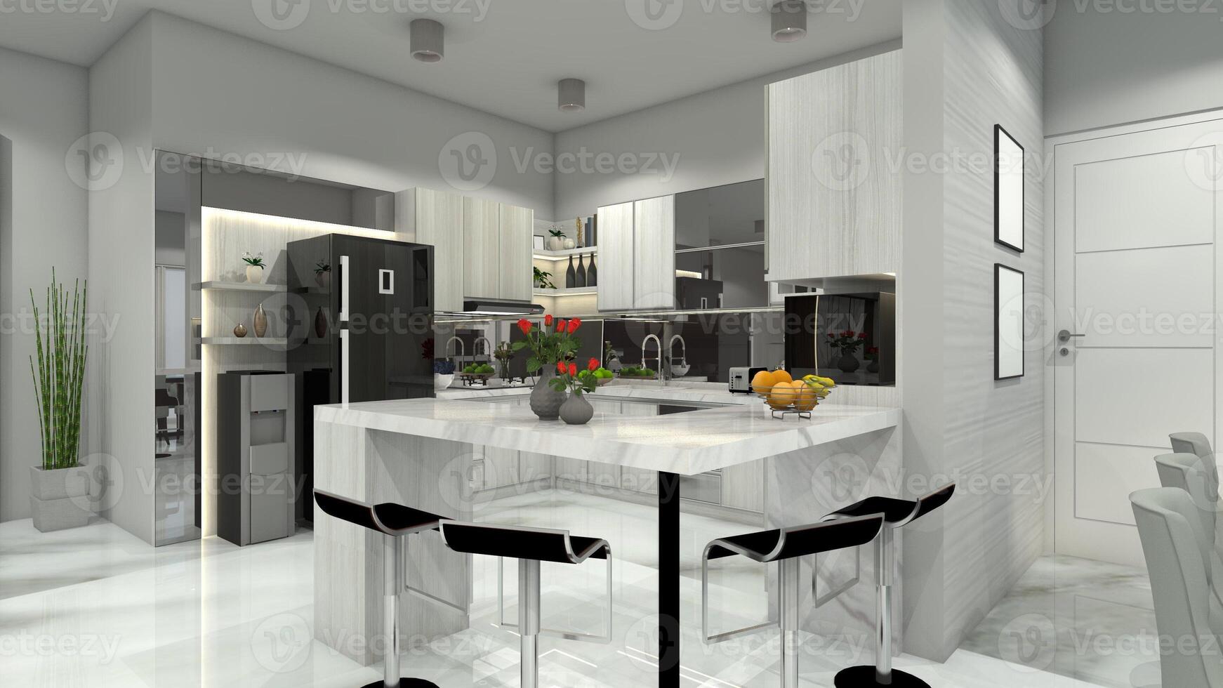 Modern Bar Table Cabinet with Marble Furnishing for Interior Kitchen, 3D Illustration photo