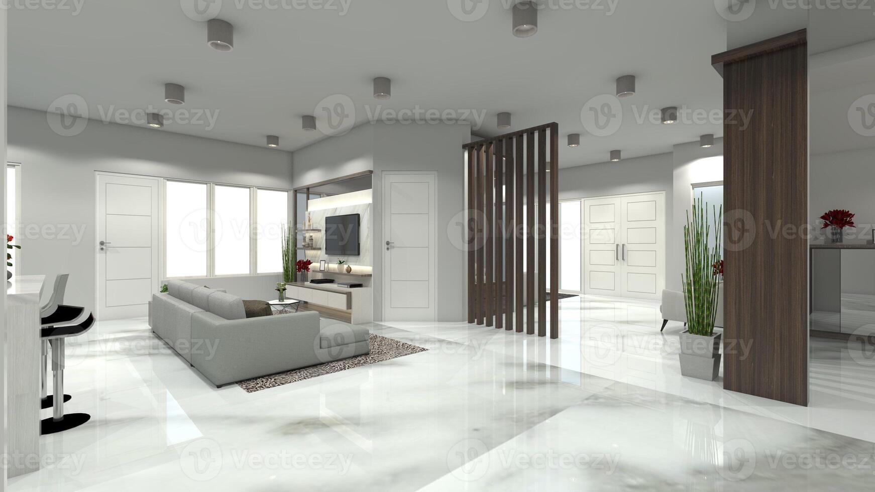 Luxury Living Room and Foyer Design with TV Cabinet, Sofa and Wooden Partition, 3D Illustration photo