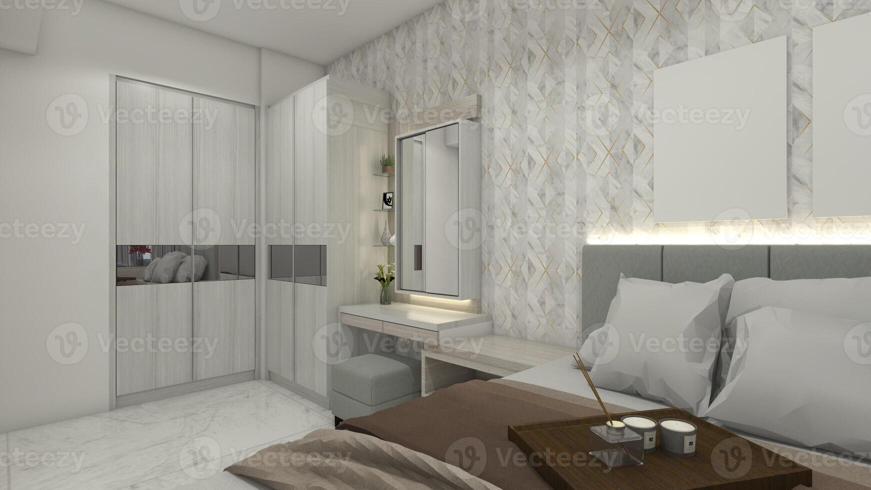 minimalista y moderno dormitorio diseño con ropa guardarropa y vendaje mesa, 3d ilustración foto